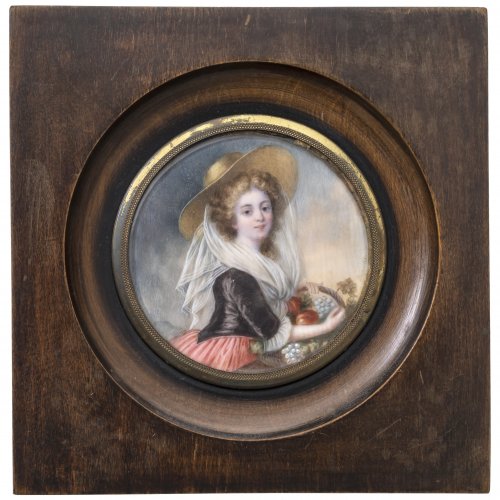 Miniatur, Dame mit Früchtekorb.