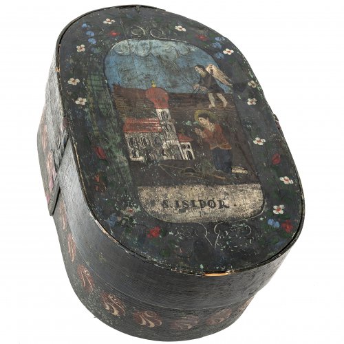 Spanschachtel, farbig bemalt, Darstellung des hl. Isidor, L. 50 cm.
