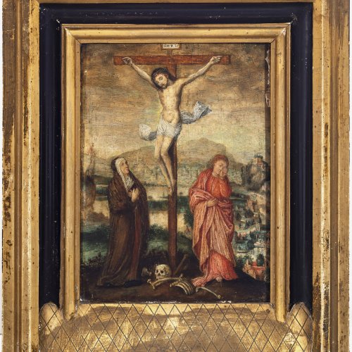 Deutsch, 16./17. Jh. Kreuzigungsszene. Öl/Holz. 18,7 x 14 cm. Best, rest. Unsign.