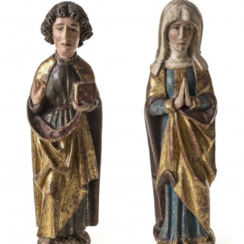 Johannes und Anna, Franken, um 1500, Holz, Farbfassung, H. je 25 cm.