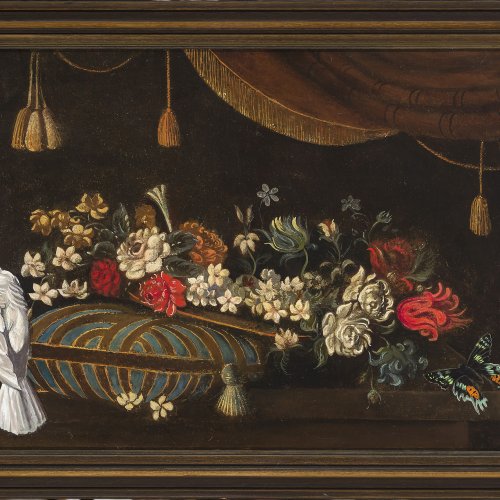 Italien, 19. Jh., Stillleben mit Kakadus und Blumen, Öl/Lw. 55 x 90 cm.