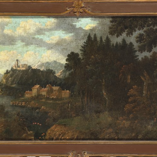 Deutsch, 18./19.Jh. Flusslandschaft mit Festung. Öl/Lw. 70 x 150 cm.