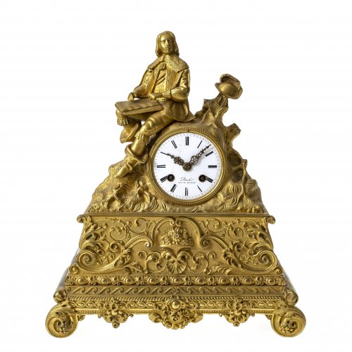Kaminuhr, Bronze, vergoldet, galanter Herr als Bekrönung, Frankreich, 19. Jh., H. 36 cm.