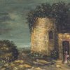 19. Jh. Landschaft mit Klosterruine, Öl/Holz, 27 x 34 cm, unsign.