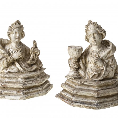Zwei Heiligenbüsten (Barbara, Katharina), Bozzetti, Holz, Weißfassung, H. je 23 cm.