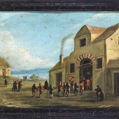 Niederlande, 18./19. Jh., Versteigerung vor einem Bauernhaus, Öl/Metall, 23,5 x 32 cm.