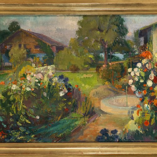 Süddeutsch, 20. Jh. Sommergarten am Simsee. Öl/ Lw. 55 x 76 cm. Unles. Monogr.