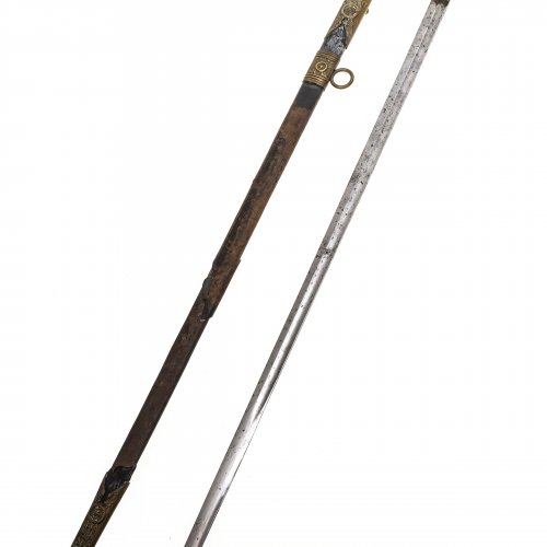 Degen, Bügelgefäß aus Bronze, deutsch, mit Scheide, L. 89 cm.