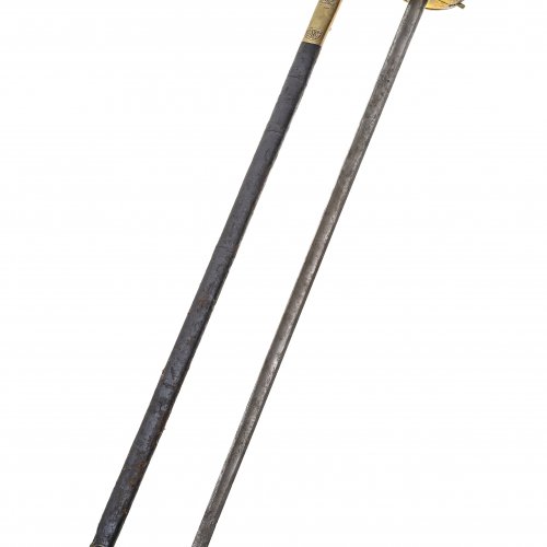 Degen, deutsch, bronzenes Bügelgefäß, mit Scheide, L. 91 cm.