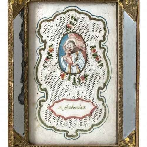 Spitzenbild, hl. Antonius, süddeutsch, 18. Jh. 13,5 x 8,5 cm.