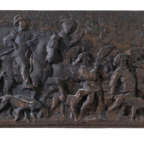Kaminplatte, Gusseisen, Jagdmotiv, 20 x 61 cm.