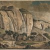 Kol. Stich, Ortschaft am Wasserfall, 16 x 22 cm.