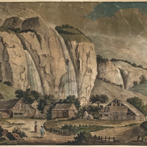 Kol. Stich, Ortschaft am Wasserfall, 16 x 22 cm.