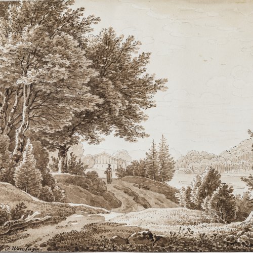 Warnberger, Simon. Oberbayrische Landschaft. Feder und Pinselzeichnung. 16 x 21,5 cm. Sign.