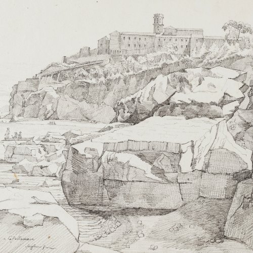 Stiglmaier, Johann Baptist. Blick auf den Strand und das Kastell von Castellammare. Bleistiftzeichnung. 21 x 29 cm. Sign., rücks. bez.: 