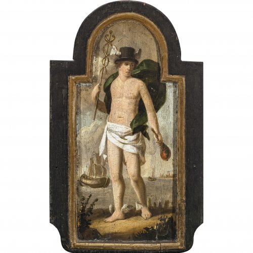 18. Jh., Malerei mit Merkurdarstellung, Öl/Holz, 43 x 26,5 cm.
