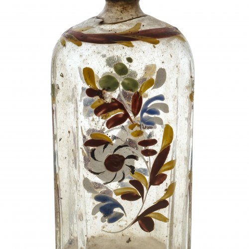 Schnapsflasche, Süddeutschland, farbige Emailmalerei, H. 14 cm.