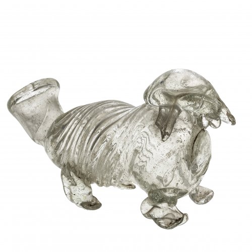 Schnapshund, farbloses Glas, Alpenländisch, H. 8 cm.