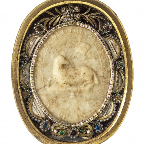 Reliquienkapsel mit Agnus-Dei-Wachsrelief, 18./19. Jh. 23 x 19 cm.