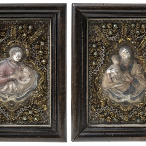 Ein Paar Klosterarbeiten mit Wachsarbeiten Maria lactans bzw. Josef mit dem Jesuskind, 16 x 11 cm.