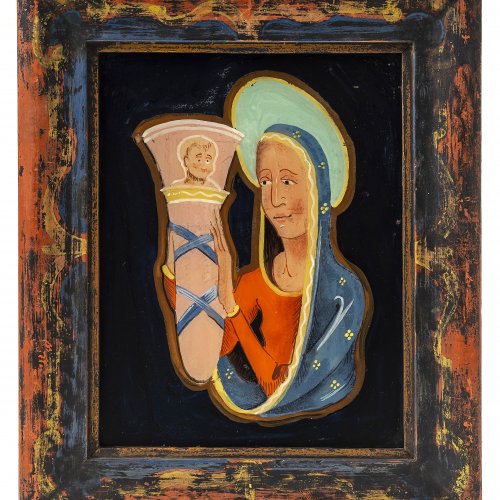 Hinterglasbild, Maria mit Fatschenkind, Tempera/Glas, 20. Jh., 22 x 16,5 cm.