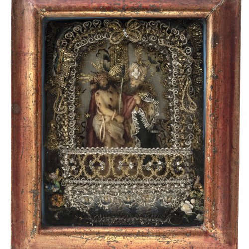Klosterarbeit mit Geißelungschristus und Pilatus, Bayern, 19. Jh., Wachsarbeit, 19 x 16 cm.