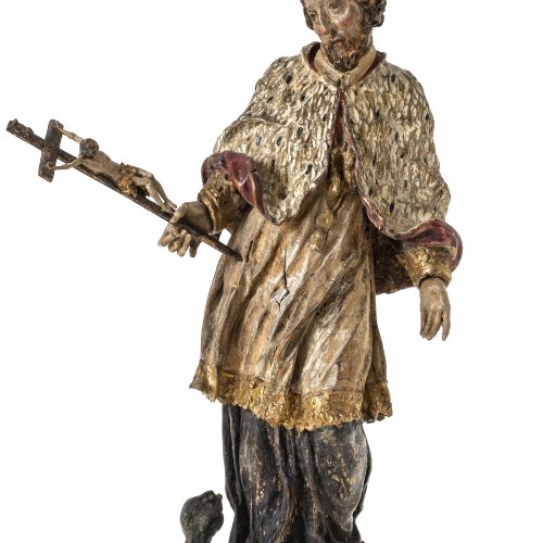 Hl. Johannes Nepomuk. Böhmen, 18. Jh. Holz, übergangene Farbfassung. Rest., erg. H. 41 cm.