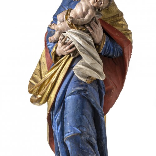 Hl. Joseph mit Kind. Schwaben, 18. Jh. Holz, übergangene Farbfassung. Rest., erg. H. 85 cm.