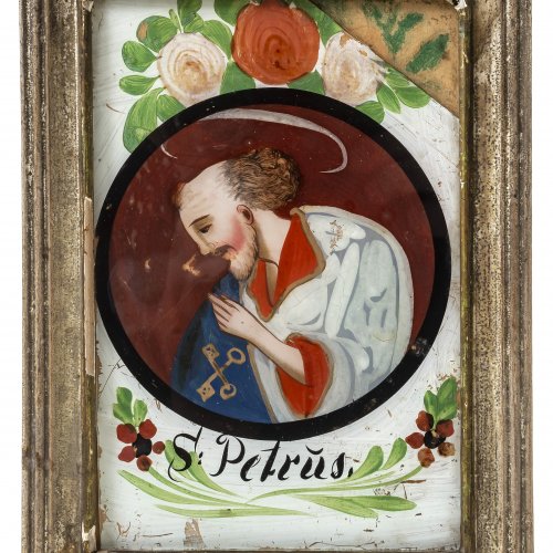 Hinterglasbild, hl. Petrus, Oberammergau, 18 x 11 cm.