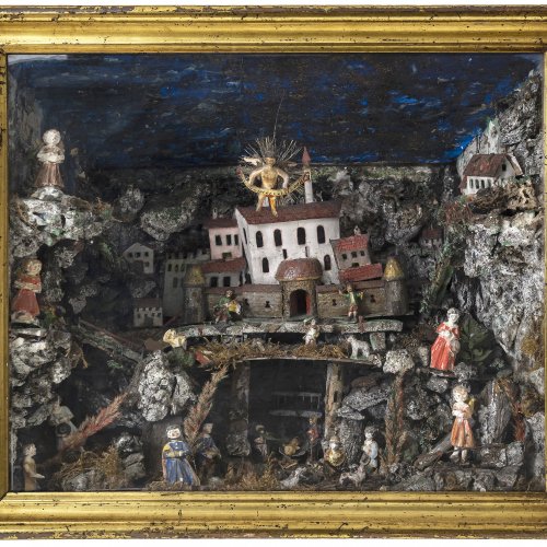 Kastenkrippe, Alpenländisch, 19. Jh., Holzfiguren, bemalt, 46 x 53 x 29 cm.