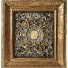 Reliquientafel mit Wachsmedaillon, süddeutsch, 19. Jh., 27 x 24 cm.