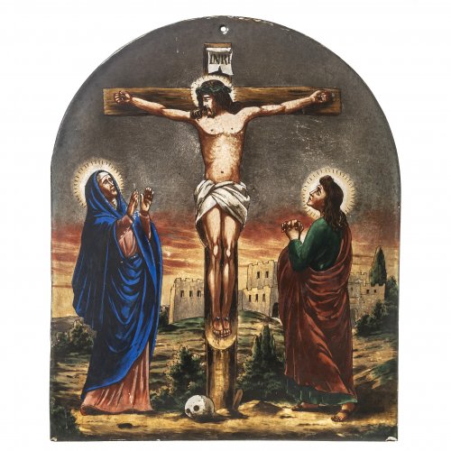 Andachtsbild, Emailmalerei/Metall, Kreuzigungsszene,  19. Jh., 32 x 26 cm.