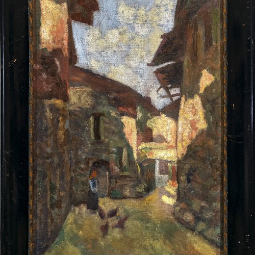 Kuhovetz, Nana, Magd mit Gänsen im Dorf, Öl/Lw./Karton, 50 x 35 cm.
