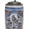 Walzenkrug, Fayence, farbige Bemalung, Kartusche mit Trommler, Franken, 18. Jh., H. 22 cm.
