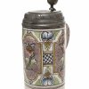 Walzenkrug, Fayence, farbige Bemalung, Pilasterdekor mit Blüten, Thüringen, 18. Jh., H. 26 cm.