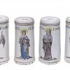 Sechs Apothekengefäße, Fayence, farbig bemalt, Heiligendarstellungen, deutsch, wohl Thüringen, 18./19. Jh. H. je ca. 20 cm.