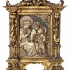Relief Maria mit Jesus- und Johannesknaben, Bein/Holz, geschnitzter Portalrahmen.  20 x 15 cm.