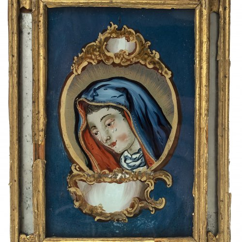 Hinterglasbild, Schmerzensmutter, Staffelseegebiet, um 1800,  Rahmen mit Spiegelglaseinlagen, 15 x 10 cm.