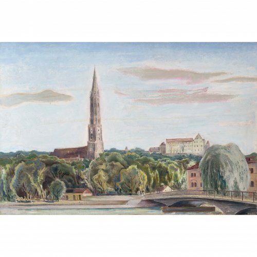 Blick auf die Martinskirche in Landshut, mit der Isar im Vordergrund. Öl/Lw.  60 x 90 cm. Signatur übermalt.