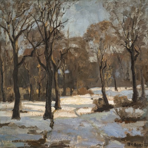 Baer, Fritz Carl. Winterlandschaft mit Bäumen. 55 x 55 cm. Sign.