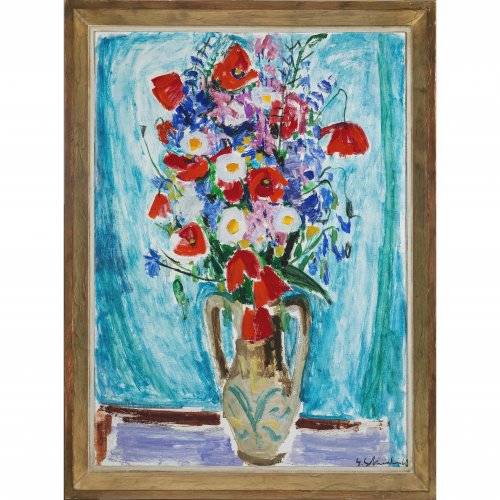 Schneider, Gustav (Gustl). Bunter Blumenstrauß in einer Vase. Öl/Lw. 86 x 67 cm. Sign.