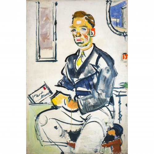 Hahn, Alfred. Sitzender, junger Mann am Schreibtisch. Öl/Lw. 132 x 85 cm. Sign.
