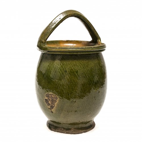 Bügeltopf. Kröning, Irdenware, grün glasiert. Besch. H. 29 cm.