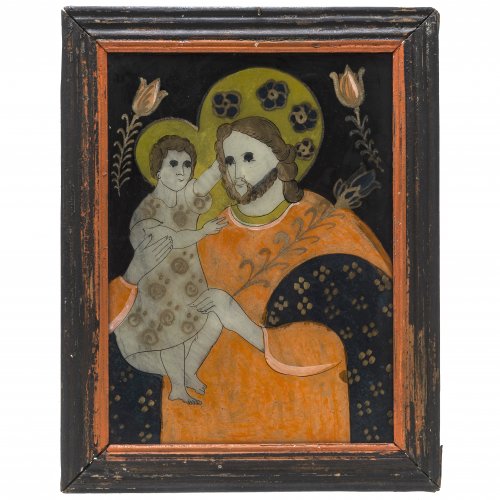 Hinterglasbild. Raimundsreut, 19. Jh. Hl. Josef mit dem Jesuskind. Tempera/Glas. Rückwand fehlt. 27 x 19,5 cm.