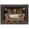 Hinterglasbild. Buchers/Sandl, um 1850. Das Grab Christi, von Engeln flankiert. Tempera, Gold/Glas. Farbablösungen, Rückwand fehlt. 17 x 26,5 cm.