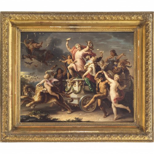 Geiger, Karl, zugeschrieben. Triumphzug des Bacchus und der Ariadne. Öl/Karton. 41 x 52 cm. Besch. Sign., dat. 1876.