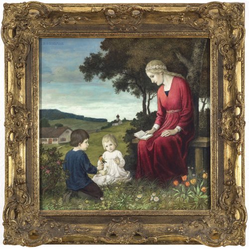 Huber-Sulzemoos, Hans. Junges Mädchen mit Zöpfen und zwei Kinder in sommerlicher Landschaft. Öl/Holz. 50 x 49,5 cm. Sign.