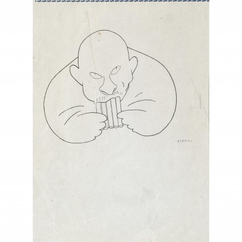 Gulbransson, Olaf. Selbstporträt mit Panflöte. Tuschzeichnung. 22,5 x 16,5 cm. Sign. OLAF G.