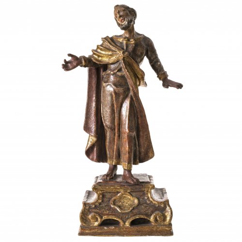 Heiligenstatuette. 18./19. Jh. Holz, Farb- und Goldfassung. Besch. H. 28 cm.