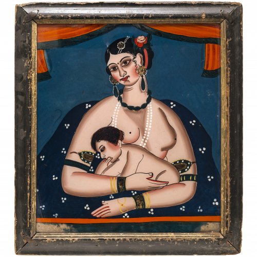 Hinterglasbild. Indien, 19. Jh. Mutter mit Kind. Farbablösungen. 39,5 x 34,5 cm.